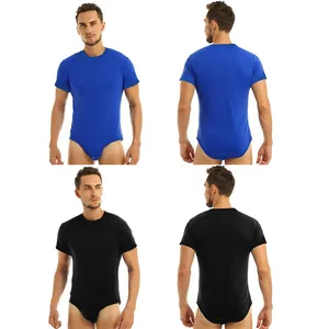 Detail view of men's short sleeve bodysuits showing front and back in blue and black