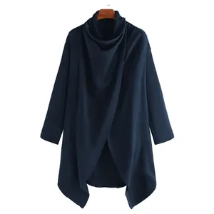 Detail view of navy blue men's punk cloak jacket with irregular hem