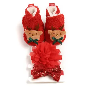 Weihnachts-Geschenkset für Babys mit Rentier-Hausschuhen und Blumen-Stirnbändern
