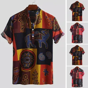 Heren Etnisch Orakelbot Bedrukt Katoenmix Overhemd Staande Kraag Losse Korte Mouw Casual Henley Top Retro Stijl