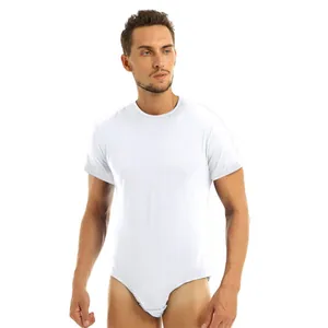 Men's white short sleeve crew neck bodysuit, breathable cotton loungewear for home