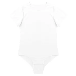 Close-up of white short sleeve round neck bodysuit with snap buttons for men