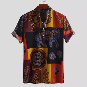 Casual katoenen herenshirt met levendige etnische tribal prints en opstaande kraag