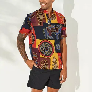 Heren katoenen overhemd met etnische print, opstaande kraag en korte mouwen, casual stijl