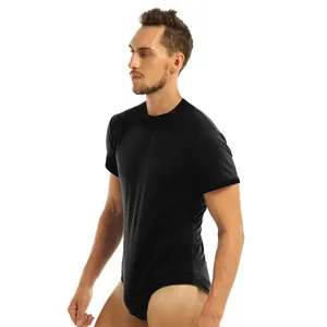 Men's slim fit short sleeve round neck bodysuit with snap button closure in solid black