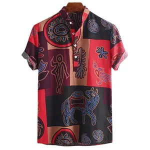 Casual heren katoenen shirt in etnische stijl met tribale prints en opstaande kraag
