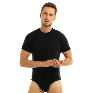 Front view of men's black short-sleeve bodysuit with round neck and snap buttons