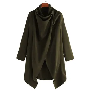 Men's olive green irregular hem poncho coat with high cowl neck and long sleeves