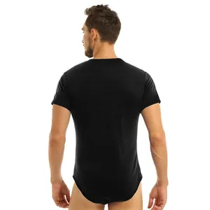 Back view of high-quality men's black short sleeve crew neck breathable bodysuit sleepwear