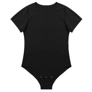 Detailed view of men's black short-sleeved round neck bodysuit with snap buttons