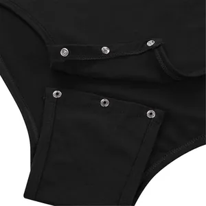 Macro detail showing metal snap button closure on black breathable men's bodysuit