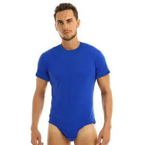 Front view of royal blue men's short sleeve round neck bodysuit onesie in tight fit.