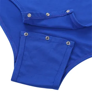 Detailed close-up showing metal snap buttons on a royal blue breathable men's bodysuit garment