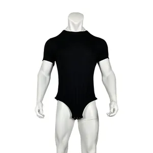 Front view of men's black short sleeve round neck breathable bodysuit pajamas onesie