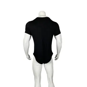 Detailed back view of a black men's breathable short sleeve crew neck bodysuit home pajama