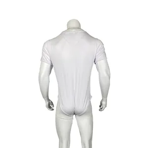 Rear view of a men's short sleeve crew neck bodysuit in breathable white cotton fabric