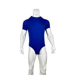 Detailed front view of men's blue short sleeve crew neck snap crotch bodysuit sleepwear