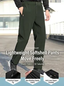 Premium men's dark green outdoor sports pants featuring water-repellent fabric and zipper pockets.
