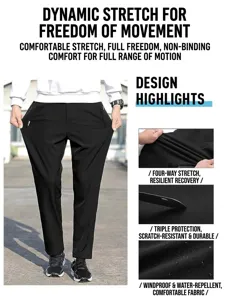 Close-up view of black men's stretch outdoor pants showing waterproof and durable fabric.
