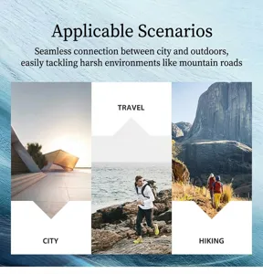 Collage of men's nylon outdoor pants shown in city, travel, and hiking scenarios