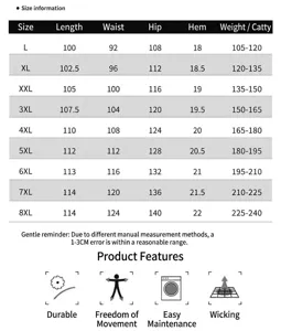 Detailed size chart for men's sports casual pants with waist and length measurements