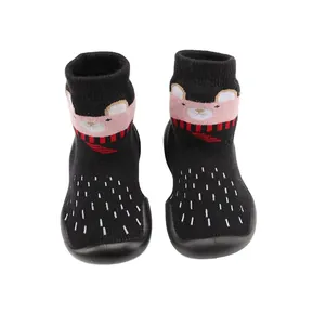 Baby anti-slip sock shoes with cute cartoon bear pattern and warm knit fabric for winter