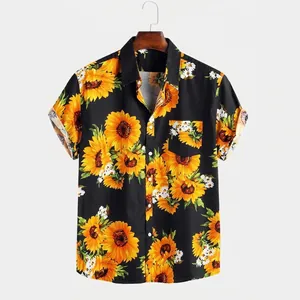 Close-up of men's short-sleeved shirt with vibrant yellow sunflower digital print.