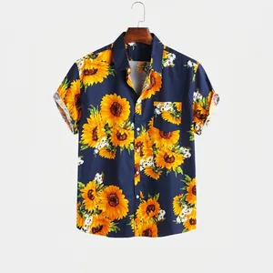 Navy blue men's short sleeve shirt featuring vibrant yellow sunflower digital print details.
