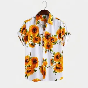 Detailed view of a white short-sleeve men's shirt with vibrant sunflower digital print