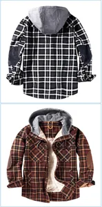 Men's plaid long-sleeve hooded jacket featuring warm fleece lining and elbow patches