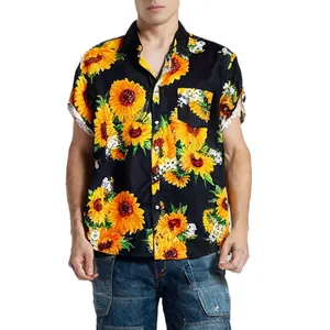 Men British Style Short Sleeve Polyester Shirt Casual Sunflower Digital Print Lapel Button Down Top For Summer Holiday