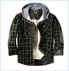 Heavyweight men's green plaid hooded jacket with warm white fleece lining and pockets