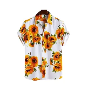 Men's summer short sleeve shirt with vibrant sunflower digital print and lapel