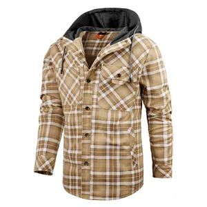 Detailed view of men's hooded plaid jacket with warm fleece lining and buttons