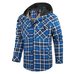 Blue plaid men's hooded jacket with warm fleece lining and chest pocket detail