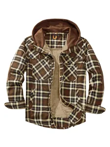 Front detail view of a brown plaid men's hooded jacket featuring warm fleece lining