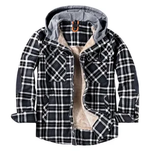 Men's Plaid Hooded Shirt Jacket Fleece Lined Heavyweight Winter Warm Cotton Coat With Knit Hood Elbow Patches Top