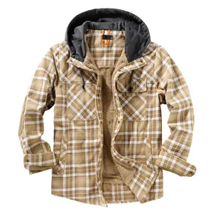 Men's heavy plaid hooded jacket featuring warm fleece lining and grey knit hood design