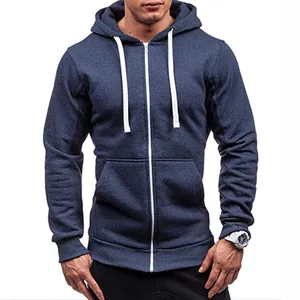 Men's navy blue zip-up hoodie with white drawstring and pockets