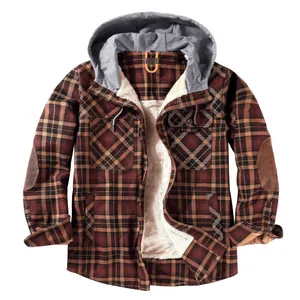 Men's plaid hooded jacket with warm fleece lining and long sleeves in a red-brown check pattern.
