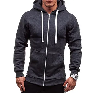 Men's charcoal grey slim fit zip-up hoodie with white drawstrings and pockets