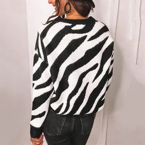 Back view of a stylish black and white zebra print crew neck long sleeve knit sweater