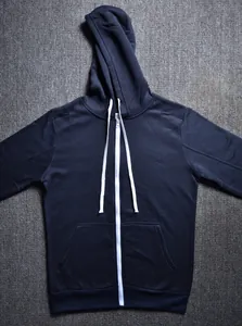 Premium navy blue zip-up hoodie featuring white contrast zipper and drawstrings detail
