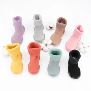 Baby First Walkers Winter Warm Cotton Knit Sock Shoes With Artificial Lamb Wool Anti-Slip Rubber Sole Floor Socks Shoes