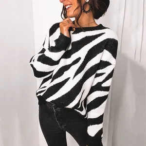 Stylish women's black and white zebra print round neck long sleeve knitted sweater
