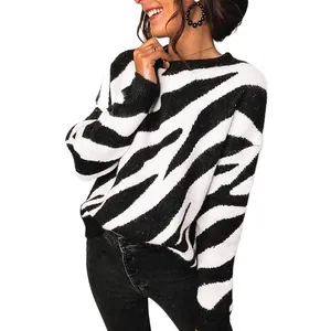 Stylish women's black and white zebra print round neck long-sleeve knit sweater for winter