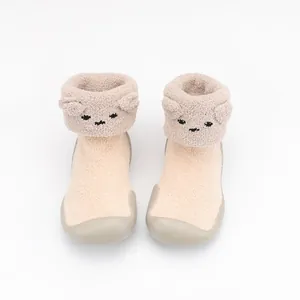 Cute cartoon bear baby indoor sock shoes with soft non-slip soles in beige coral fleece