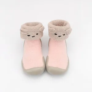 Cute pink baby socks shoes with cartoon animal face and soft anti-slip rubber soles