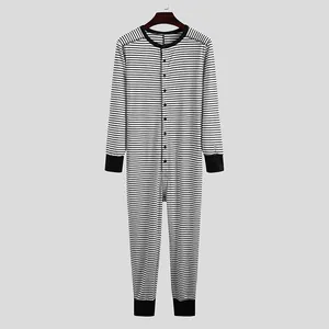 Full view of men's striped long-sleeved onesie jumpsuit loungewear on a hanger