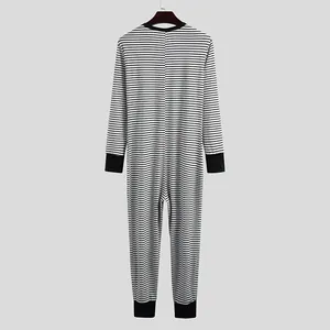 Back view of men's long sleeve striped one-piece pajamas with black and white patterns